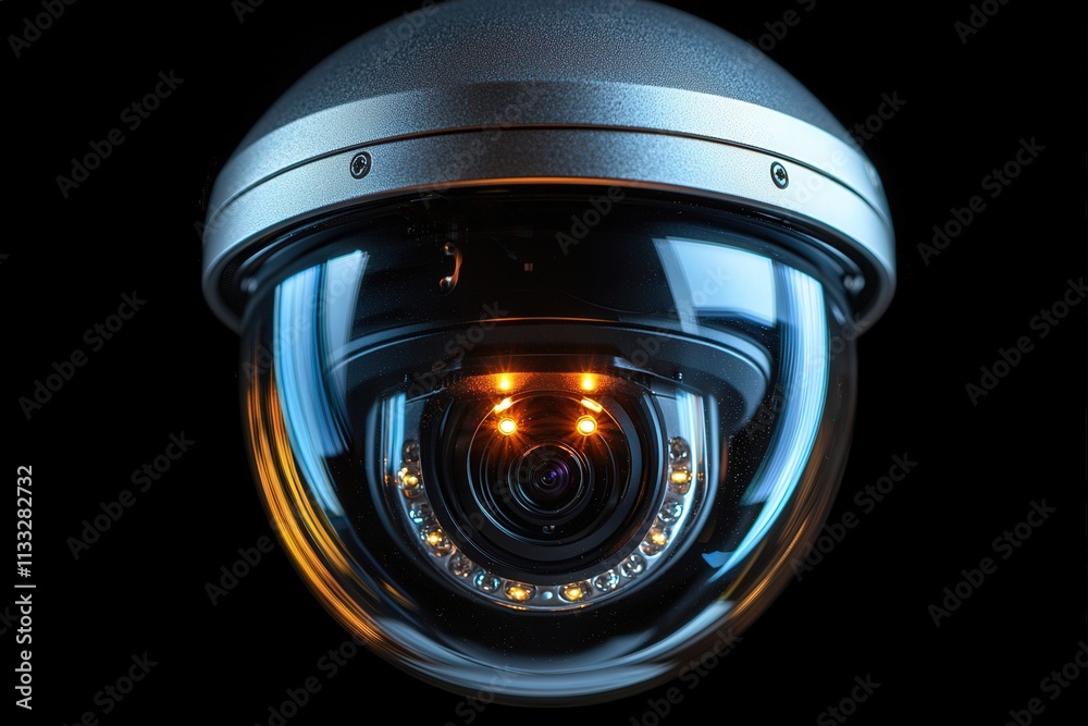 A dome surveillance camera is positioned against a dark background, featuring a prominent lens and LED lights. It serves to enhance security by monitoring the surrounding area effectively.