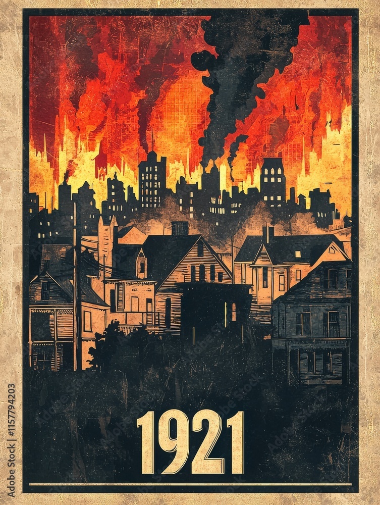 A dramatic artistic representation shows a city ablaze with flames and dark smoke rising into the sky. Buildings are silhouetted against the fiery backdrop, capturing the chaos of a disaster in 1921.