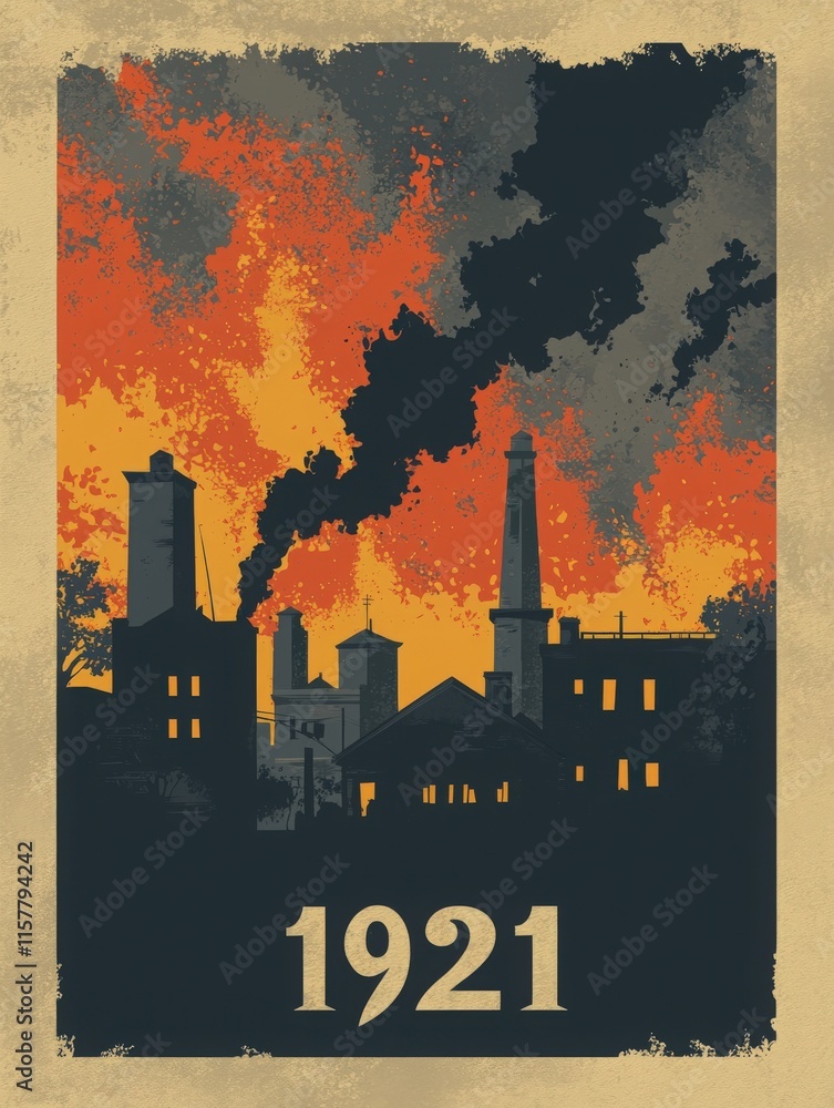 A dramatic industrial landscape showcases silhouetted factories and smokestacks against a vibrant sunset in 1921. Dark smoke billows upward, contrasting with fiery shades of orange and yellow.