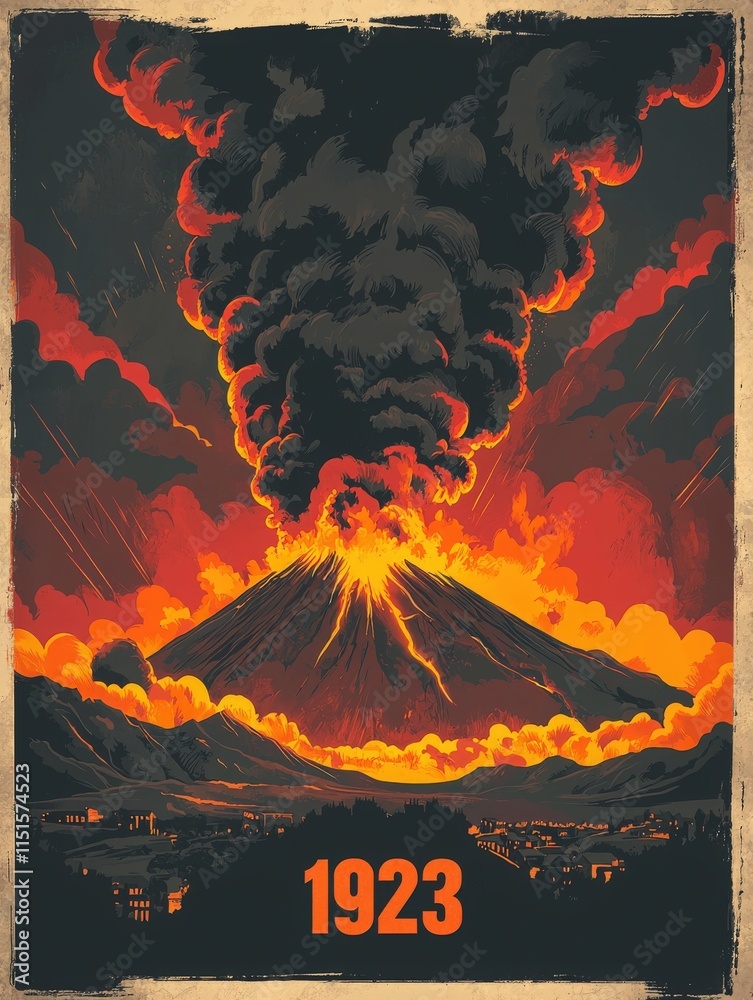 A dramatic volcanic eruption showcases bright lava and thick smoke rising into the sky in 1923. Below, a town is illuminated by the fiery glow, capturing the intense natural event.