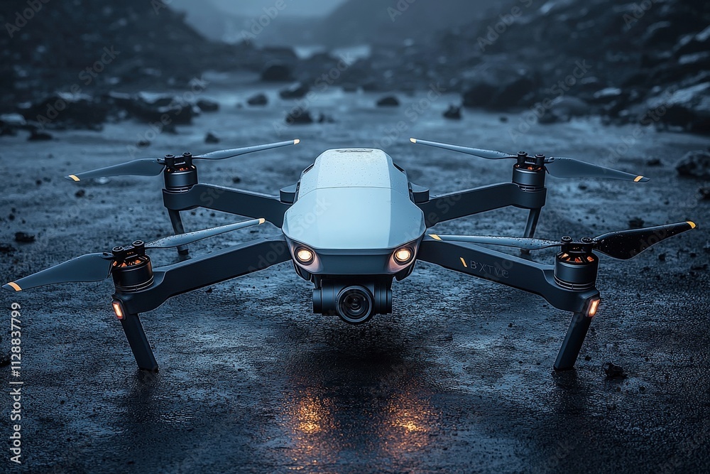A drone is positioned on a rugged, dark surface at dusk, illuminated by subtle lights that enhance its sleek design. The atmosphere is moody with a distant landscape shrouded in mist.
