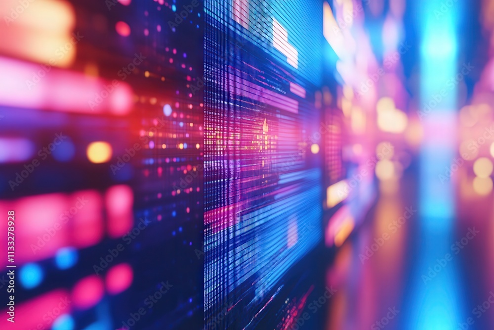 A dynamic array of bright colors emerges from a digital display in an urban area during nighttime. The vivid lights create an engaging atmosphere, highlighting the technology around.