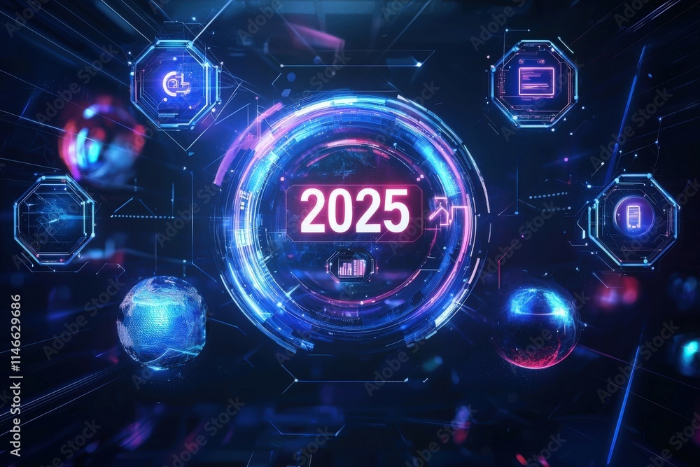 A dynamic digital interface illustrates global connectivity and technological advancements set for 2025. Featuring vibrant colors and holographic elements, it emphasizes innovation.