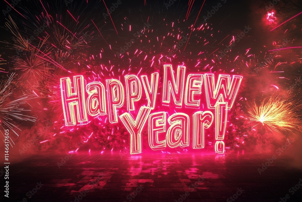 A dynamic display of fireworks lights up the night sky, featuring large, illuminated text that reads Happy New Year! in bright colors. The event captures the festive spirit of new beginnings.