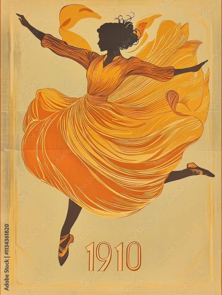 A dynamic figure leaps gracefully, her dress flowing in waves of orange and yellow. The silhouette suggests elegance and movement, embodying the spirit of early 20th-century performance art.