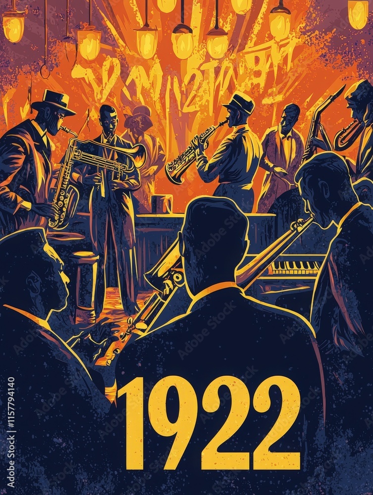 A dynamic group of jazz musicians engages the crowd in a lively venue. Set in the 1920s, the atmosphere is infused with energy as they showcase their talent using various instruments.