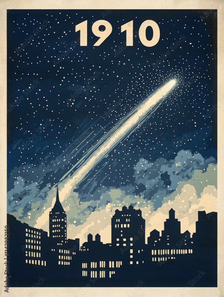 A dynamic skyline captures the essence of a bygone era with the silhouette of buildings under a starry night. A bright comet streaks across the sky, highlighting the year 1910.