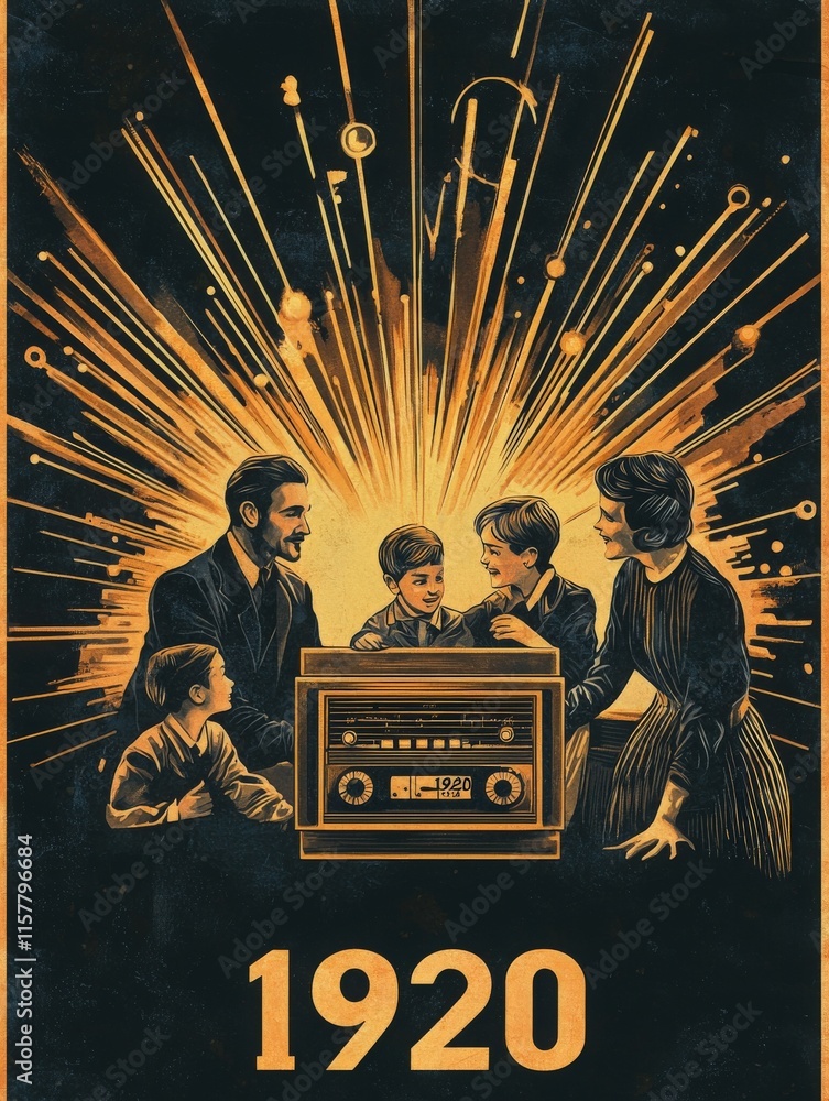 A family of four, including two boys, enjoys a moment together around a vintage radio. Bright rays of light burst from the background, reflecting the excitement of the 1920s.