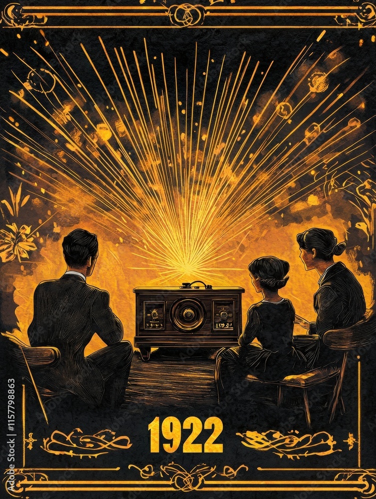 A family of three sits in a dimly lit room, fixated on an antique radio that radiates bright light and sound. The scene evokes a sense of nostalgia from 1922, capturing the magic of entertainment.