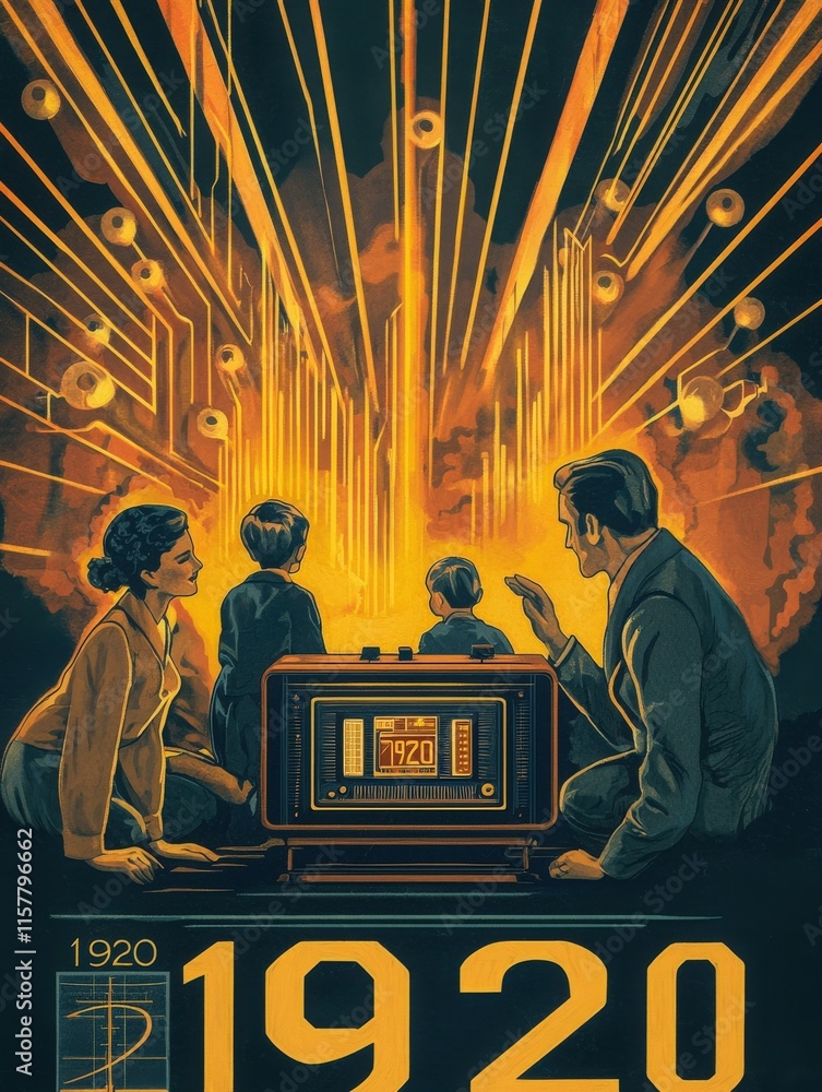 A family sits together, captivated by an antique radio. The children gaze in awe as vibrant patterns of light burst forth, symbolizing the excitement of a new era in 1920.
