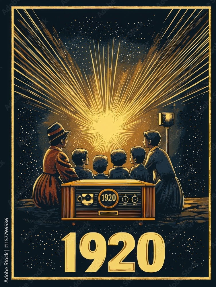 A family sits together, enjoying a moment by a vintage radio from 1920. They are mesmerized by the bright, colorful display of cosmic lights illuminating the night sky.