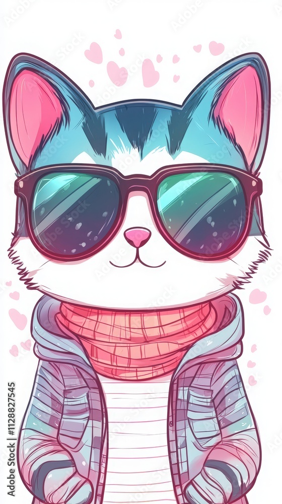 A fashionable cat character stands confidently with sunglasses and a trendy scarf. The vibrant colors and whimsical style bring charm and fun to the overall composition.
