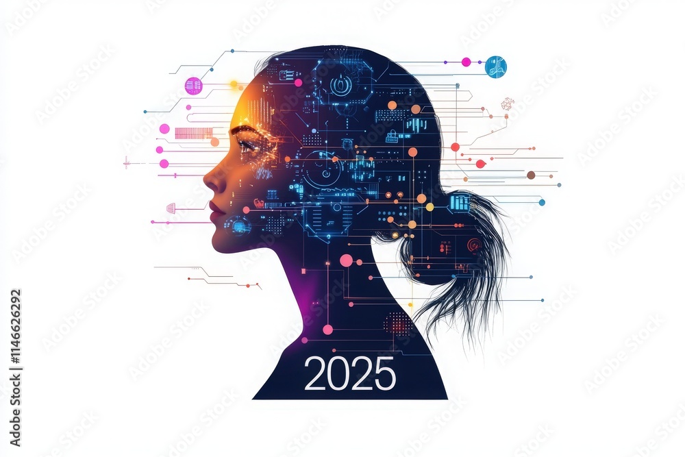 A female silhouette represents progress and innovation in technology as digital elements and data streams surround her. The design emphasizes the advancements expected in 2025.