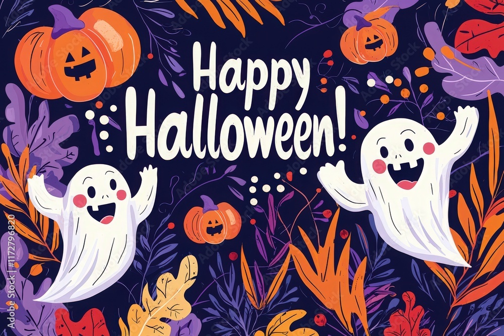 A festive Halloween display features playful ghosts and carved pumpkins surrounded by colorful autumn leaves. The joyful atmosphere is enhanced by the bright design and cheerful greeting.