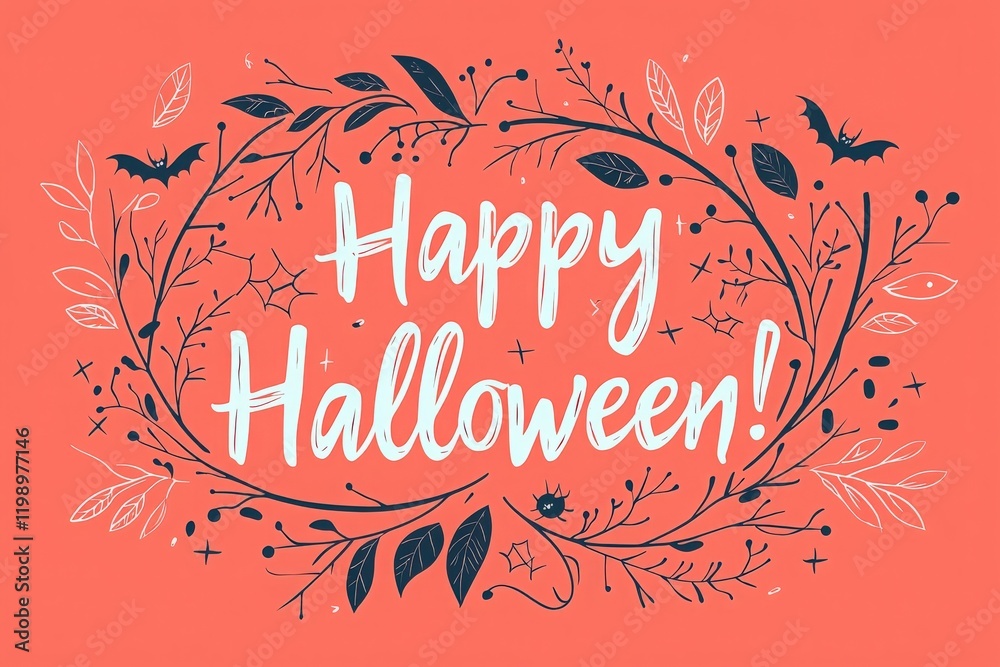 A festive Halloween greeting showcases the phrase Happy Halloween! surrounded by intricate illustrations of bats, leaves, and spiders. The vibrant background adds a cheerful touch.