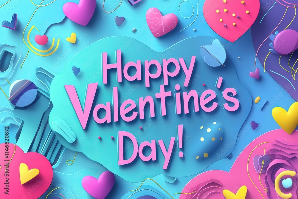 A festive Valentines Day display features colorful hearts and whimsical designs. Soft pastels and bold colors create a cheerful atmosphere, perfect for expressing love and joy.