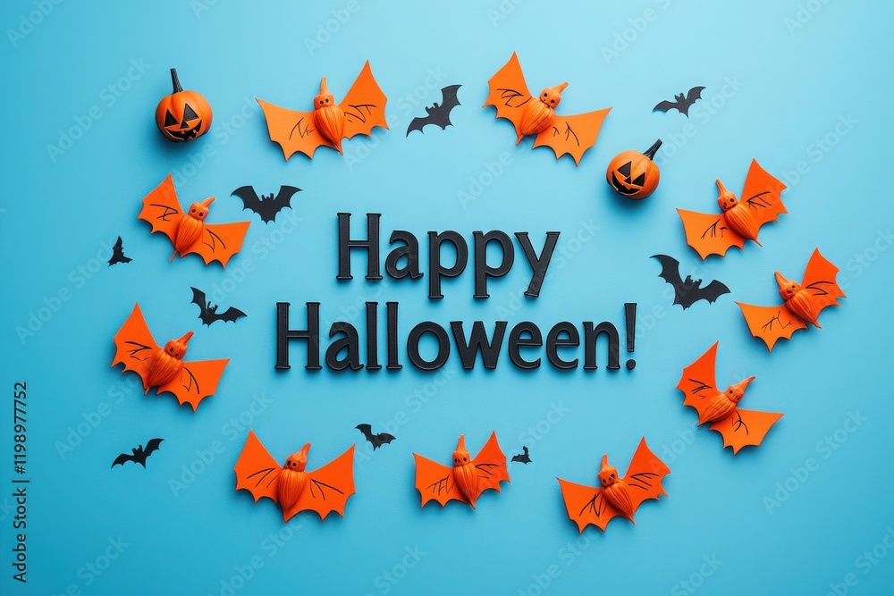 A festive arrangement displays orange bats and pumpkins surrounding a cheerful greeting. The vibrant colors and playful design evoke the spirit of Halloween, perfect for celebration and decoration.