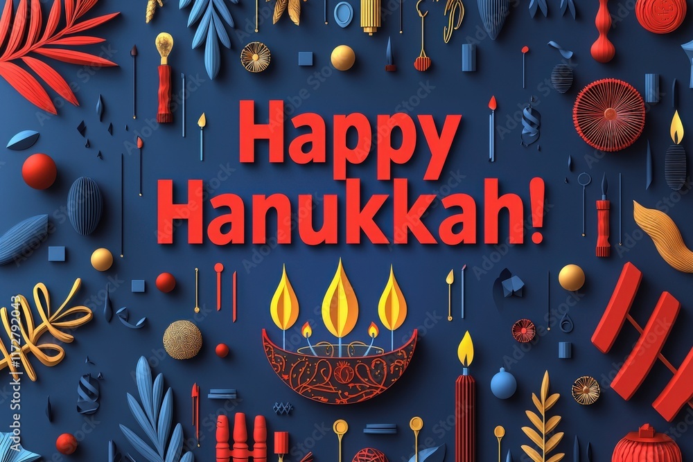 A festive arrangement features a variety of decorations, including candles and symbolic items, all set against a bold blue background for Hanukkah celebration.