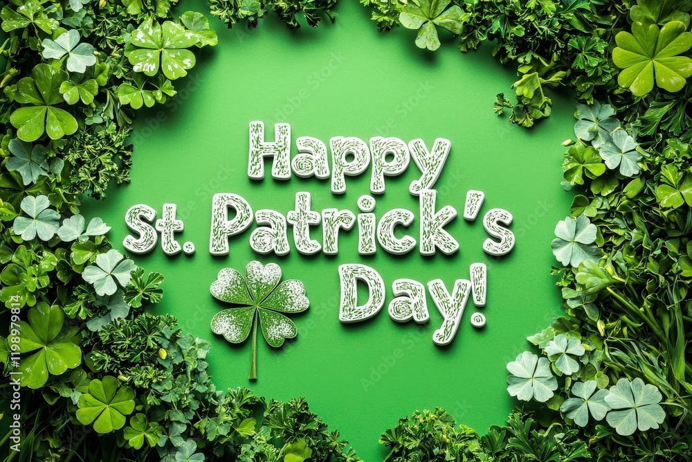 A festive arrangement highlights St. Patricks Day with a cheerful greeting surrounded by various clovers on a bright green background, creating an atmosphere of joy and celebration.