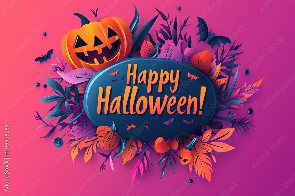 A festive arrangement highlights a cheerful Halloween theme with bright pumpkins, bats, and colorful foliage. The design conveys a spirit of celebration and fun associated with this holiday.