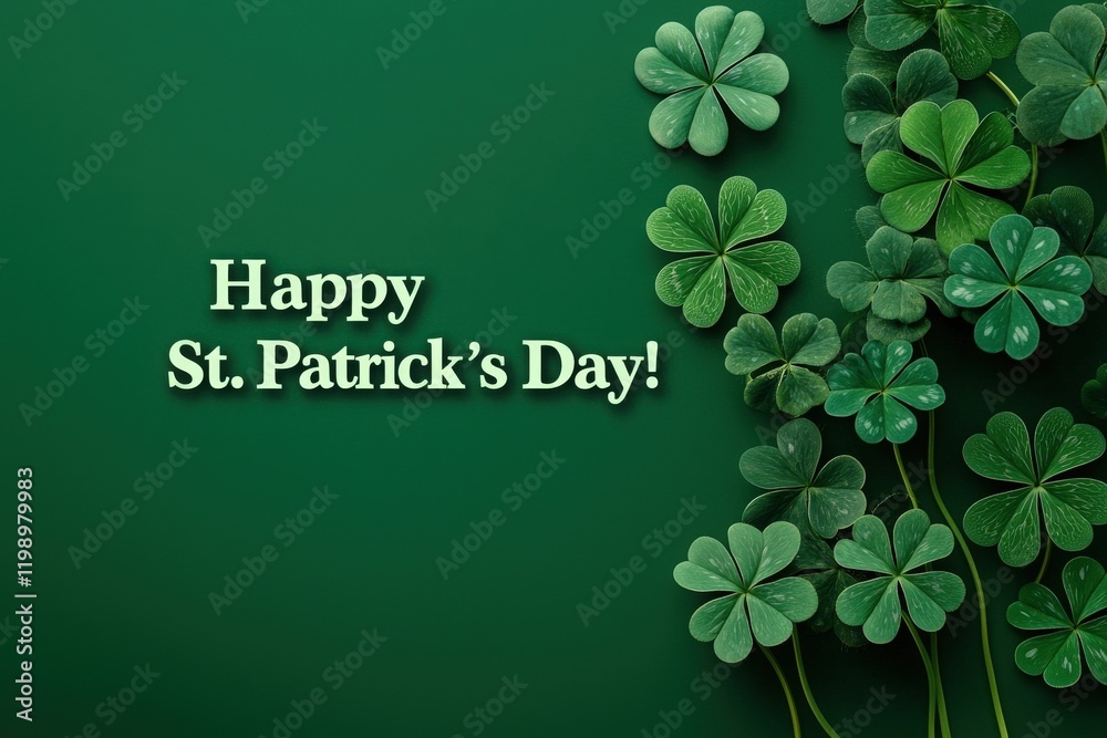 A festive arrangement of lush green clovers highlights a cheerful message for St. Patricks Day set against a rich green background, embodying the spirit of celebration and luck.