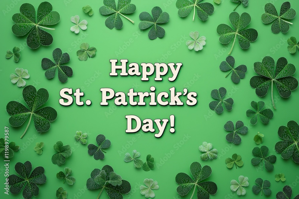 A festive arrangement of various green clovers is displayed on a bright green background, celebrating St. Patricks Day. The cheerful text adds to the celebratory atmosphere of this holiday.