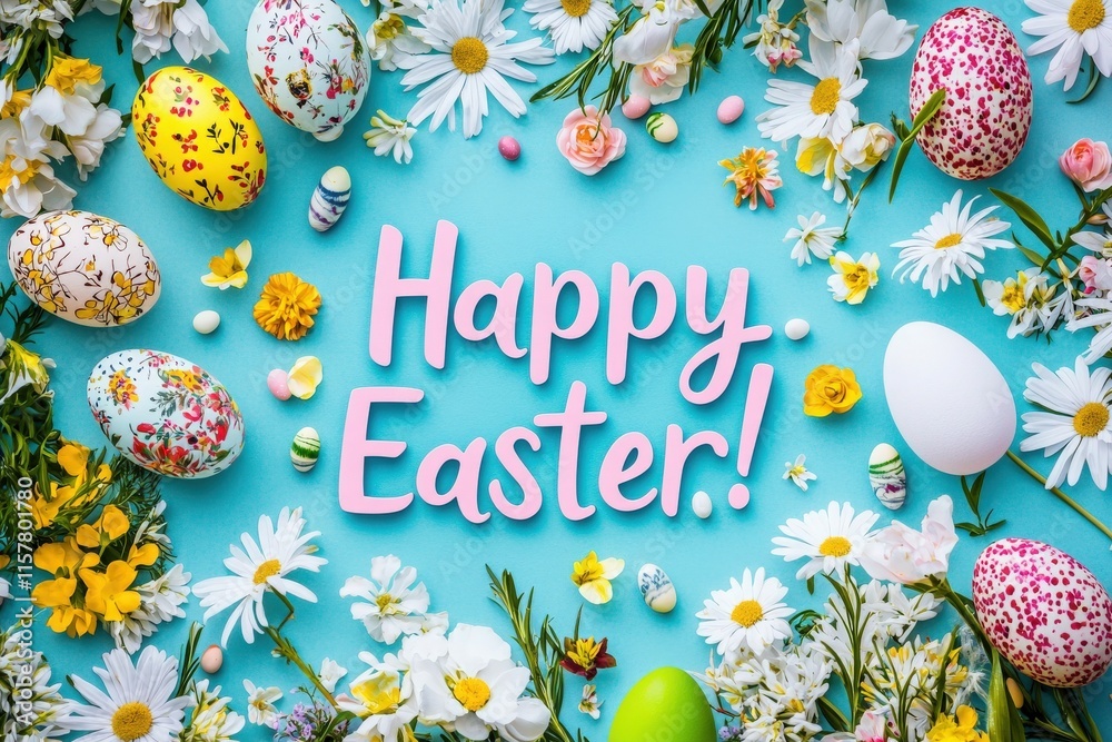 A festive arrangement showcases various decorated eggs surrounded by fresh flowers in bloom. The bright blue background enhances the cheerful atmosphere of Easter festivities.