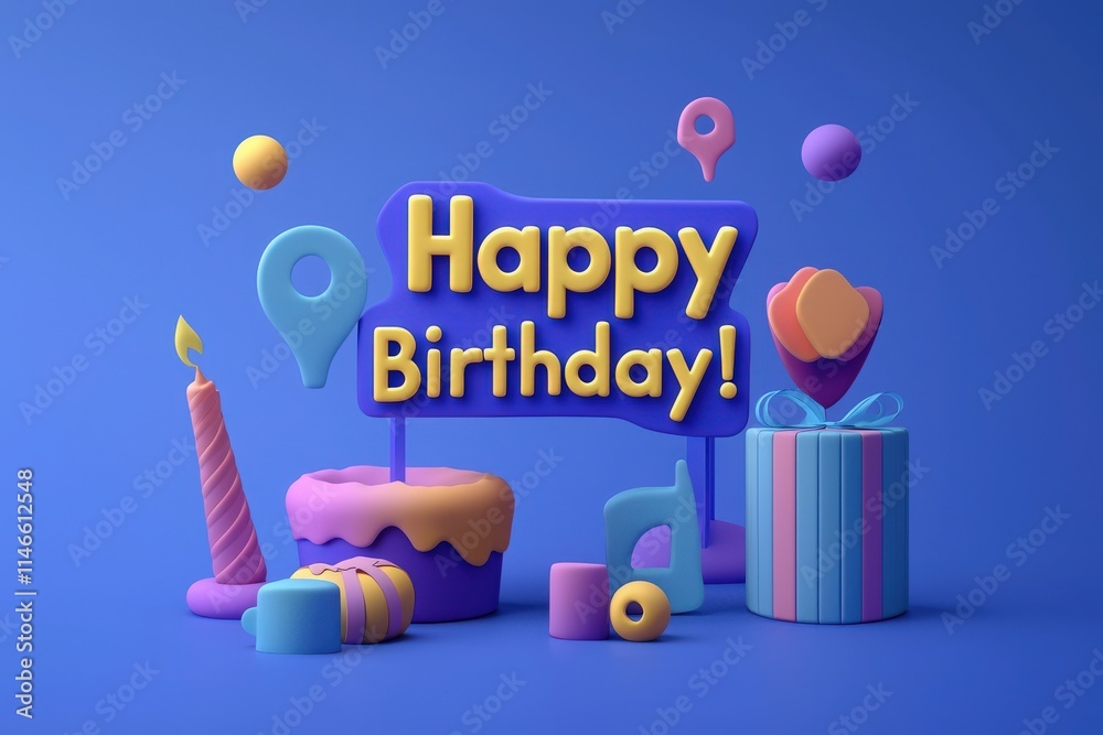 A festive arrangement showcasing a birthday cake, colorful candles, and gifts on a bright blue background.