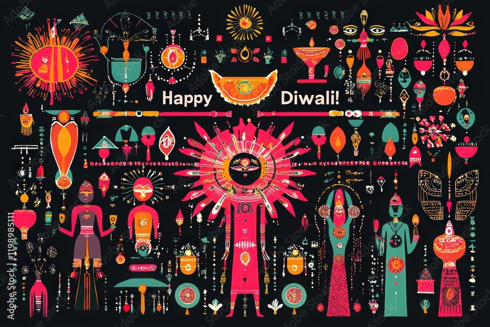 A festive array featuring traditional Diwali symbols like lamps, blossoms, and sun motifs.