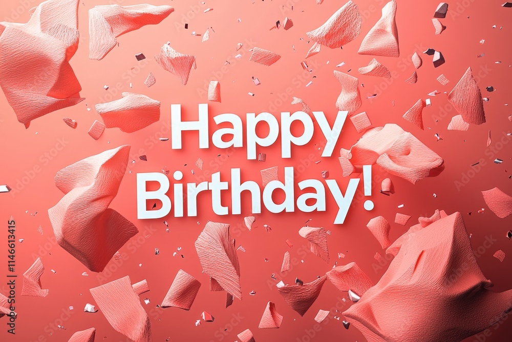 A festive backdrop features the words Happy Birthday in bold, playful font. Colorful fragments and a lively coral background add energy, perfect for a birthday event.