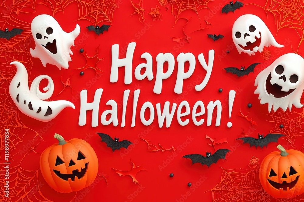 A festive display of Halloween elements featuring playful ghosts, carved pumpkins, and black bats against a bright red backdrop, all celebrating the spirit of the holiday.