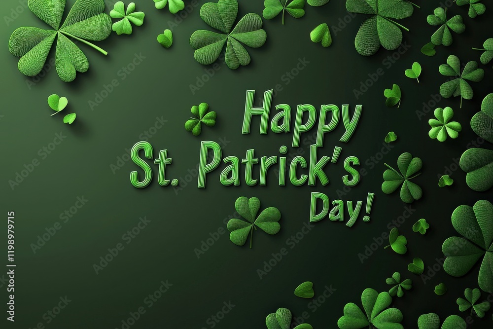 A festive setup features various green clovers scattered across a dark background, celebrating St Patricks Day with cheerful and spirited text. The arrangement creates a lively atmosphere.