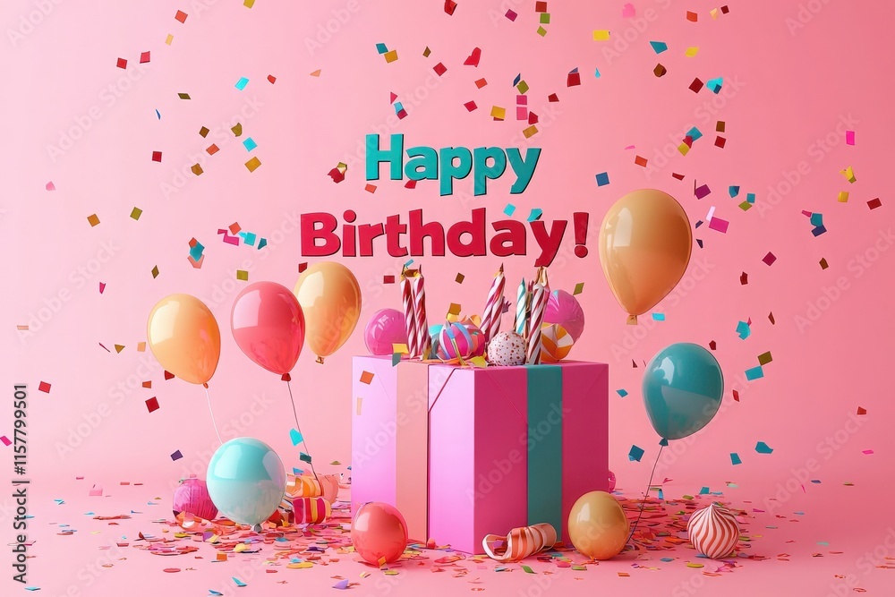 A festive setup featuring a large gift box surrounded by colorful balloons and scattered confetti. Birthday candles and treats decorate the scene, creating a joyful atmosphere.