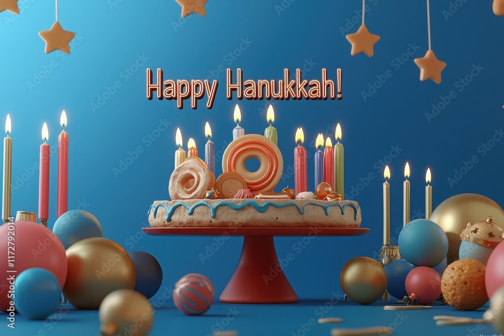 A festive setup showcases a beautifully decorated cake topped with colorful candles and star-shaped decorations. Various ornaments surround the cake, creating a cheerful Hanukkah atmosphere.