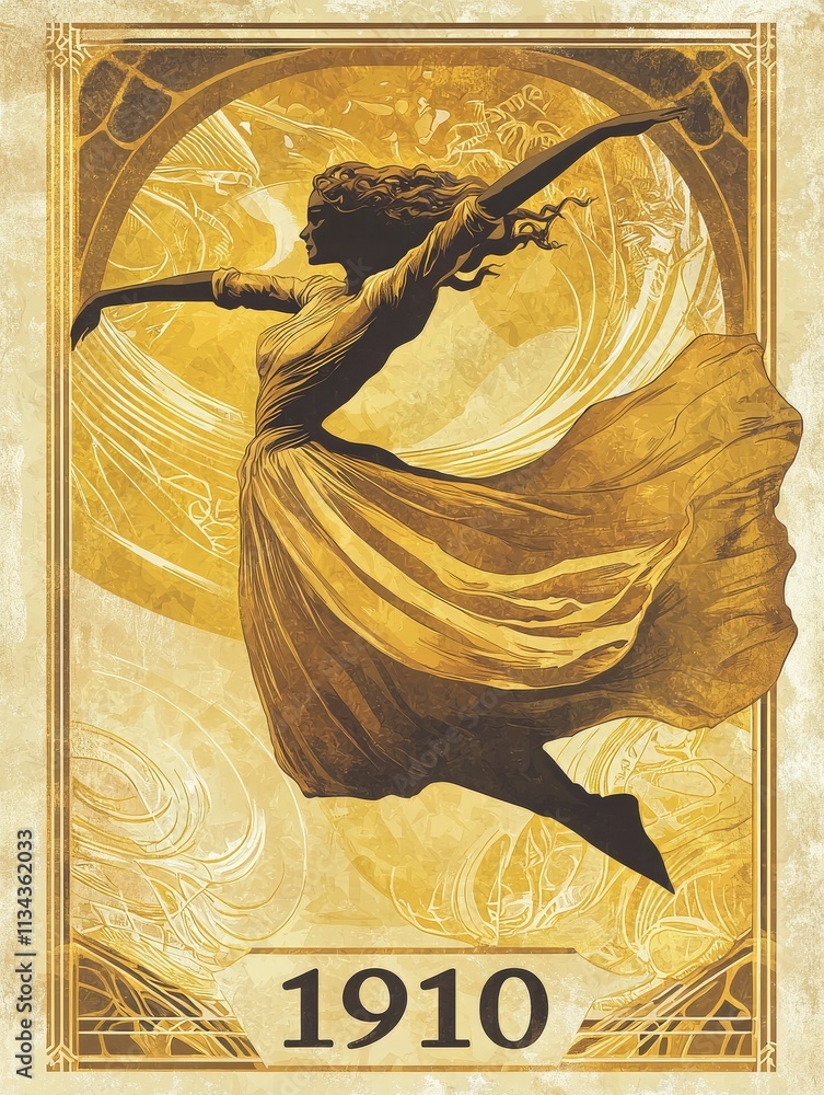 A figure of a dancer is depicted mid-motion, arms outstretched in a flowing dress against a warm golden background. The design reflects the artistic style of the early 20th century.