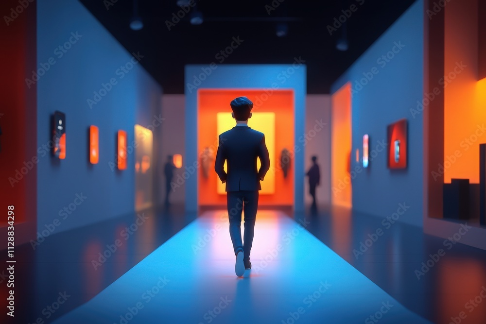 A figure walks along a brightly lit path in a contemporary art gallery, surrounded by colorful wall displays. The atmosphere appears dynamic and engaging, showcasing various artworks.