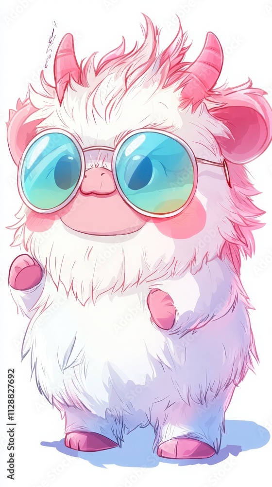 A fluffy creature with pink accents stands upright, wearing vibrant sunglasses. Its playful demeanor and fluffy texture create a fun, whimsical atmosphere perfect for a lighthearted moment.