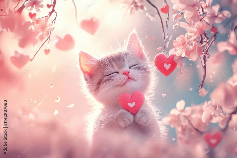 A fluffy gray kitten joyfully holds a heart-shaped object amidst branches adorned with pink blossoms. The soft, pastel backdrop creates a whimsical and enchanting vibe, perfect for spring.