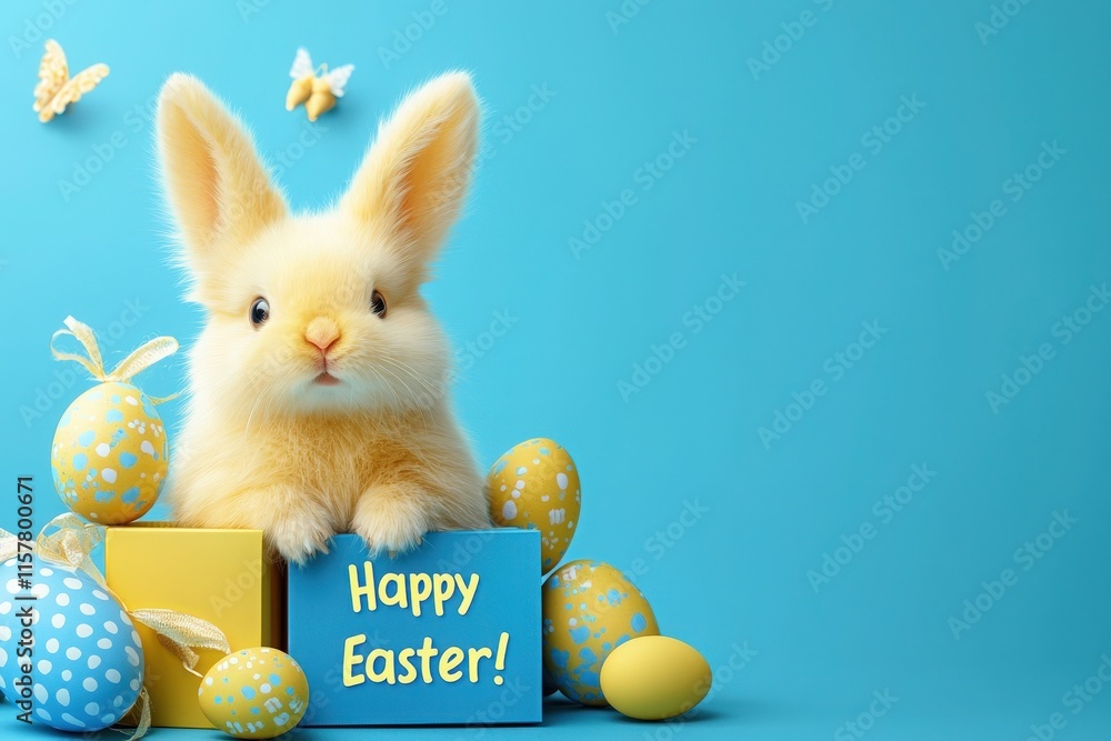 A fluffy yellow bunny sits atop a bright blue background, surrounded by colorful decorated eggs. A cheerful Happy Easter sign adds a festive touch, enhancing the joyful atmosphere.