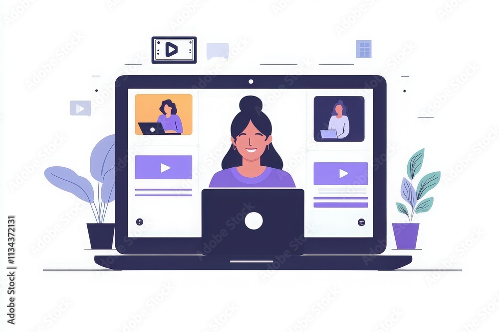 A focused instructor delivers a virtual lesson from a laptop, showcasing interactive content. The background features digital tools and plants, enhancing the online learning atmosphere.