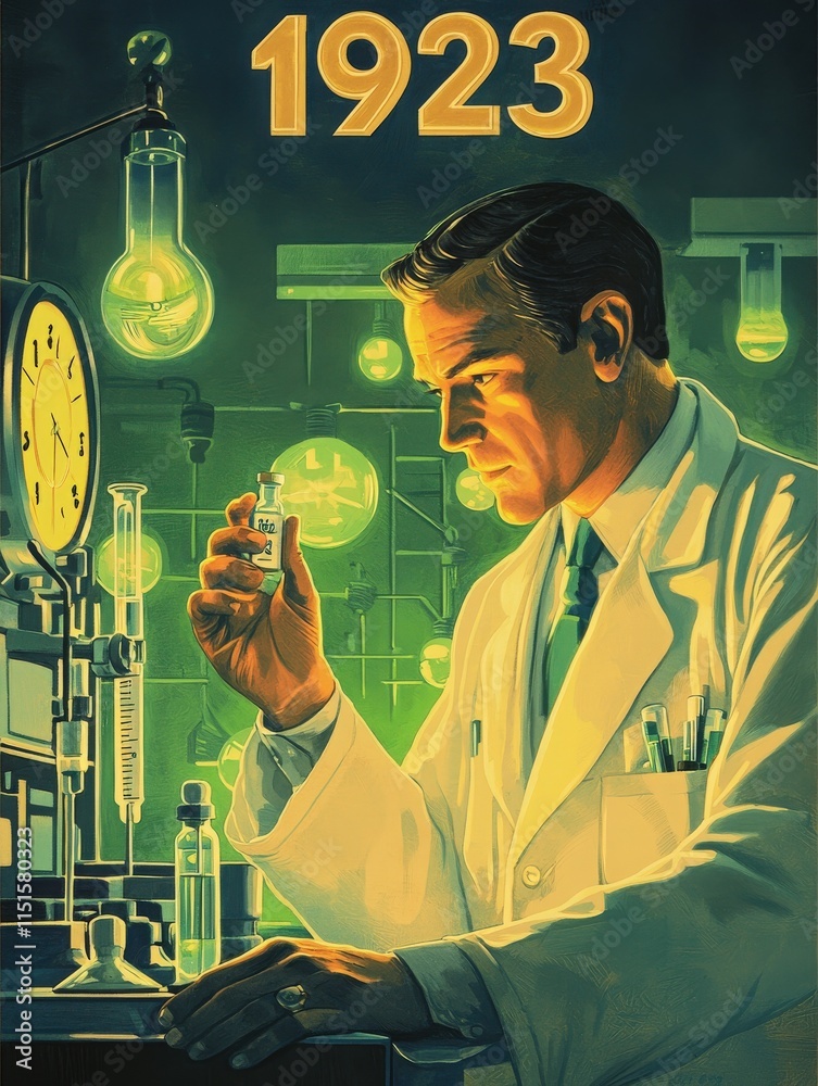 A focused scientist in a lab coat studies a vial carefully under the glow of green laboratory lights. The year 1923 is prominent above him, suggesting a vintage theme.