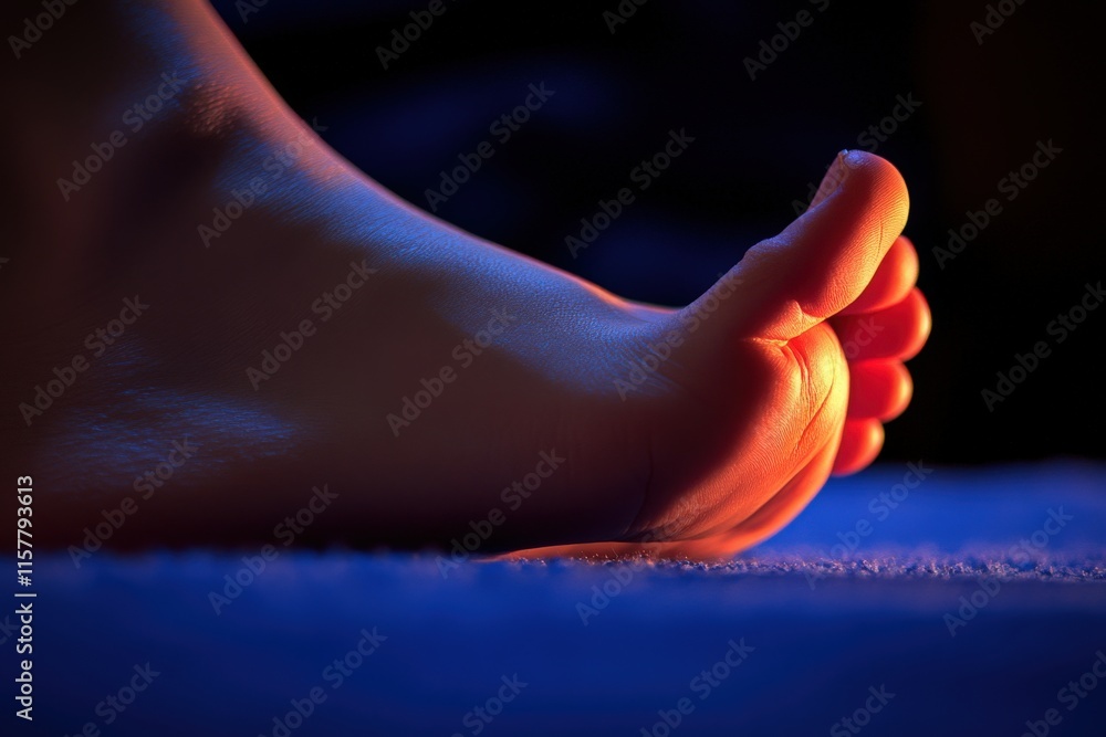 A foot gently rests on a textured surface, illuminated by warm light creating an inviting atmosphere. The soft glow highlights the contours and details of the foot.