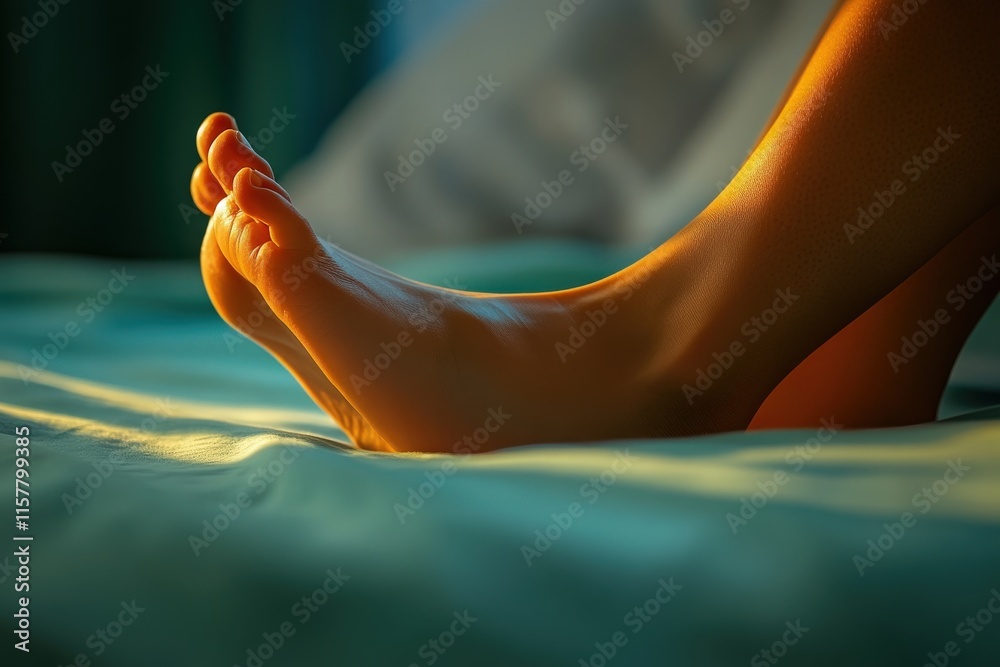 A foot is gently resting on a soft bed, bathed in warm sunlight. The peaceful atmosphere creates a serene environment perfect for relaxation and comfort.