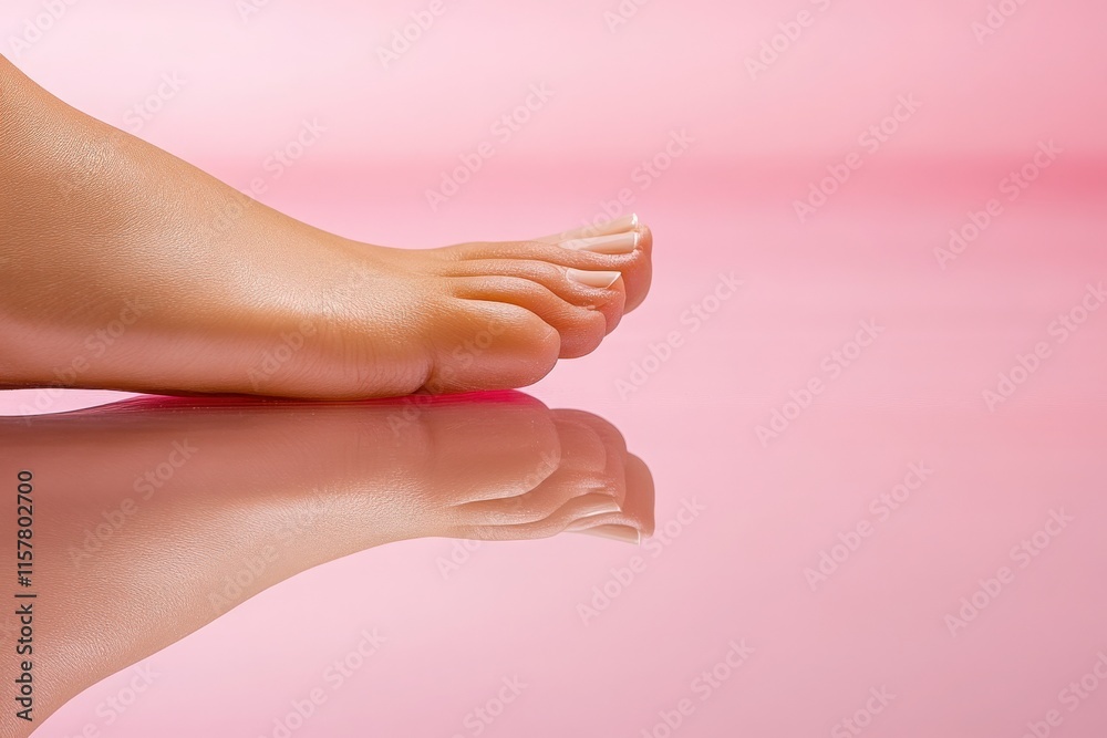 A foot rests on a reflective pink surface, showcasing smooth skin and delicate toes. The gentle lighting enhances the calming atmosphere, highlighting the foots natural beauty.