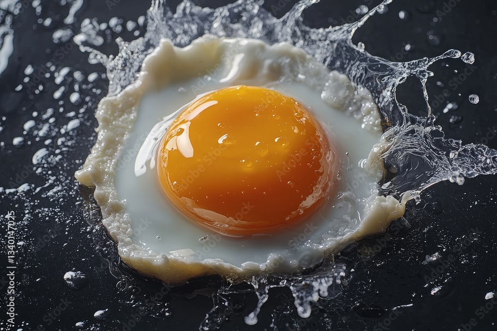 A freshly cracked egg with a vibrant yellow yolk is splashing in all directions, showcasing the fluid motion against a contrasting dark surface. The scene captures the essence of cooking.