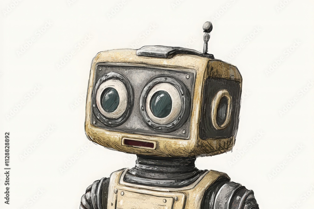 A friendly robot character featuring oversized eyes and a retro design is centered against a light backdrop. The robots expression conveys curiosity and charm, inviting engagement.