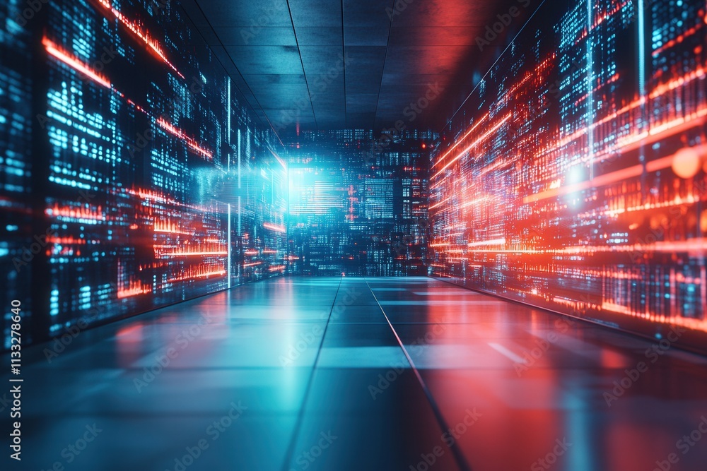 A futuristic corridor is filled with glowing blue and red lights reflecting on smooth surfaces. The digital design creates an immersive atmosphere, suggesting advanced technology and innovation.