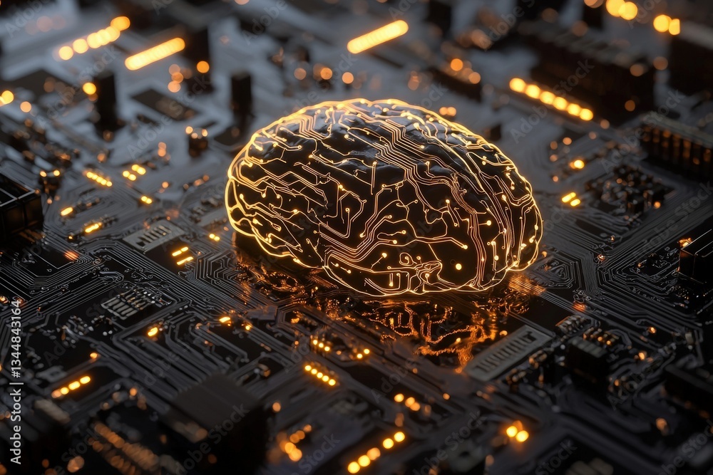A futuristic display shows a glowing brain designed with intricate circuit patterns.