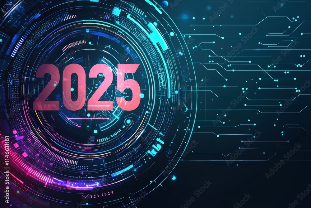 A futuristic representation of the year 2025 depicted through glowing digital elements and colorful patterns. The design conveys a sense of innovation and technology in a high-tech environment.