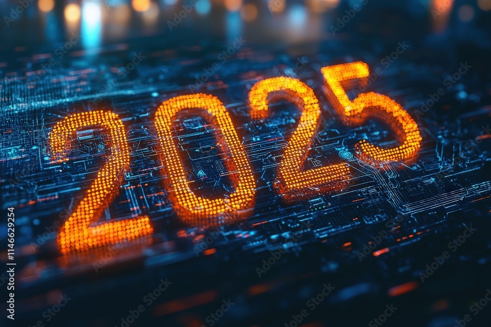 A futuristic representation of the year 2025 features glowing orange numbers set against a dark circuit-like background. This digital design highlights technology and innovation.